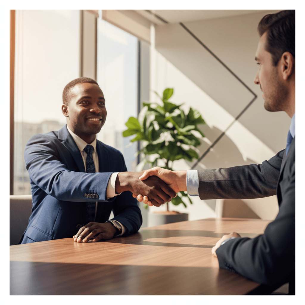 Two diverse professionals shaking hands across a polished wooden conference table in bright natural light Two diverse professionals shaking hands across a polished wooden conference table in bright natural light